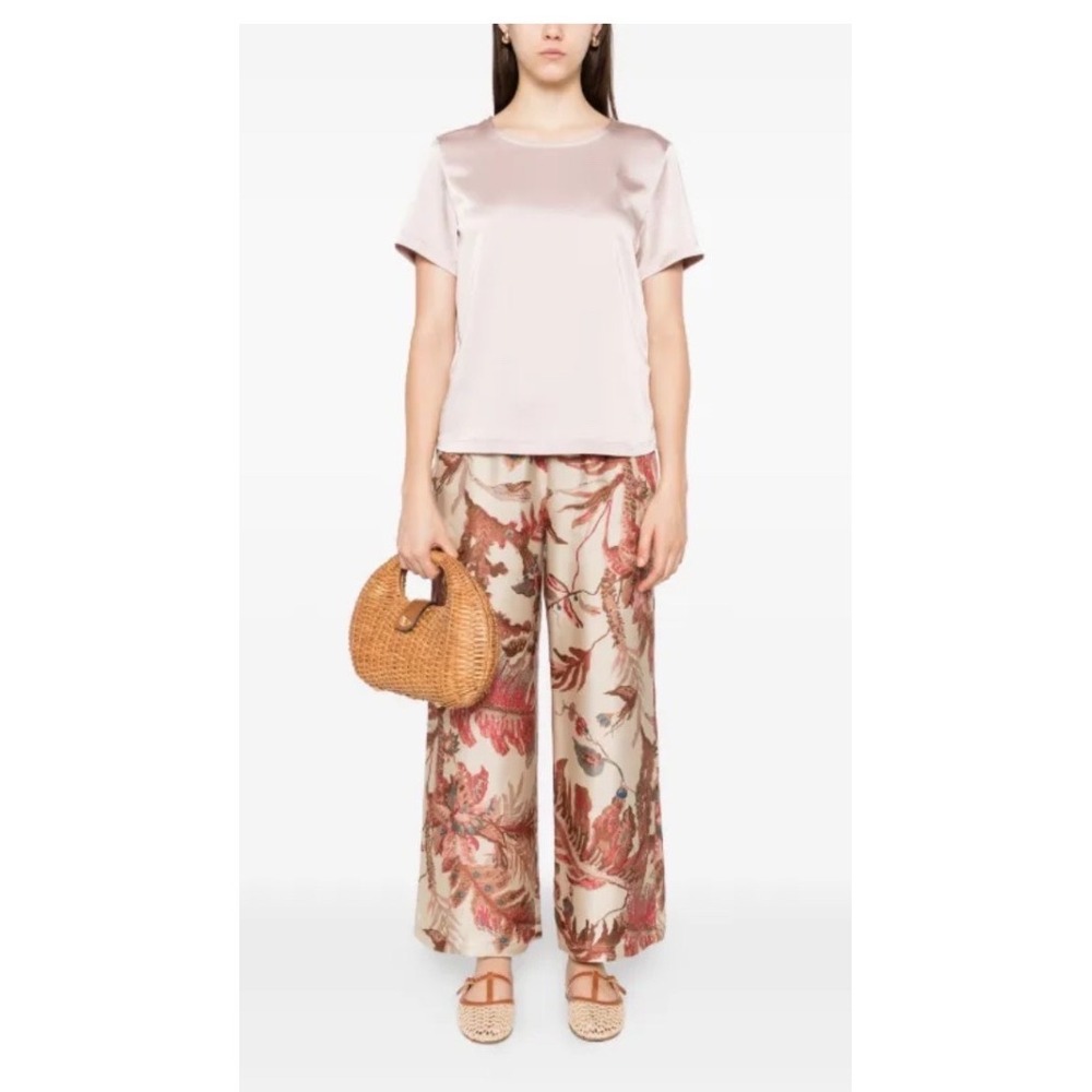 Weekend Max Mara Floral Print Silk Trousers Wide Leg Pants Pink Cream US 12